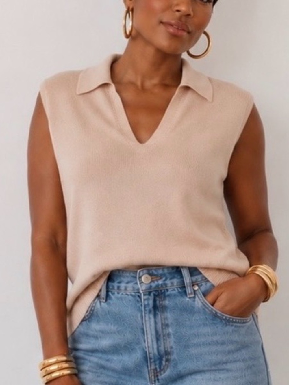 Straight Down VINTAGE Sleeveless Collared Silk-Blend Knit Top in Pale Dusty Pin